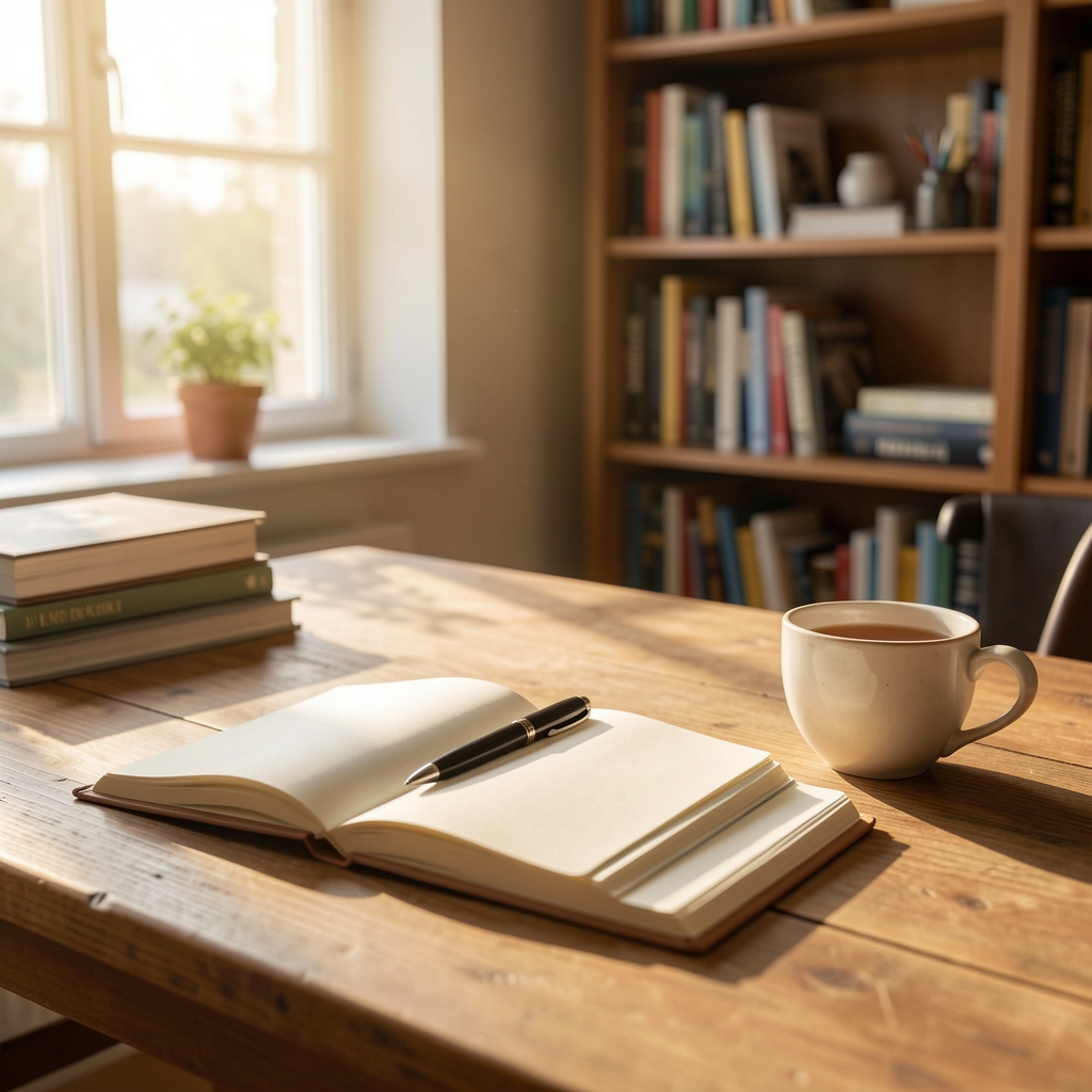Sunlit editorial workspace with an open notebook, a pen, and a cup of tea on a wooden desk, bookshelves in the soft background, warm morning light