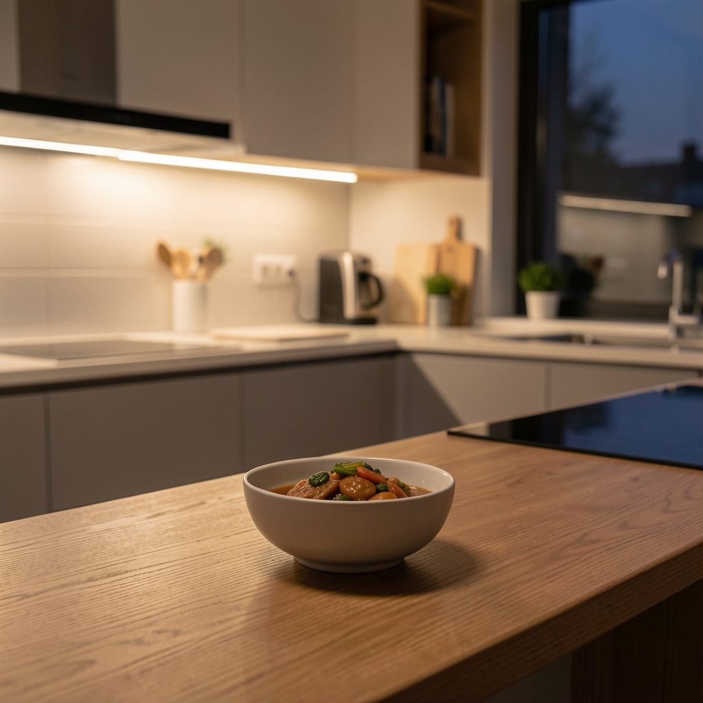 Dim kitchen light in a clean modern kitchen at evening, a single bowl of food on a wooden counter, warm ambient lighting suggesting a calm pre-sleep routine