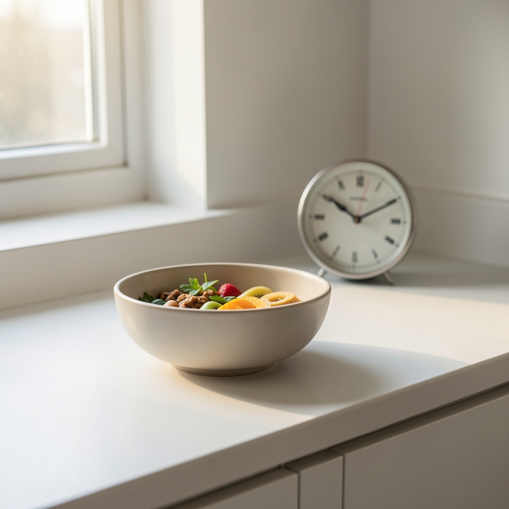 Kitchen counter at early morning light with a simple breakfast bowl and a small clock in the background, clean minimalist domestic scene