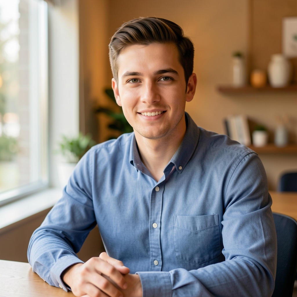 Editorial portrait of Tobias Marsden, nutrition and wellness writer, photographed at a desk with natural side window light and a warm interior background