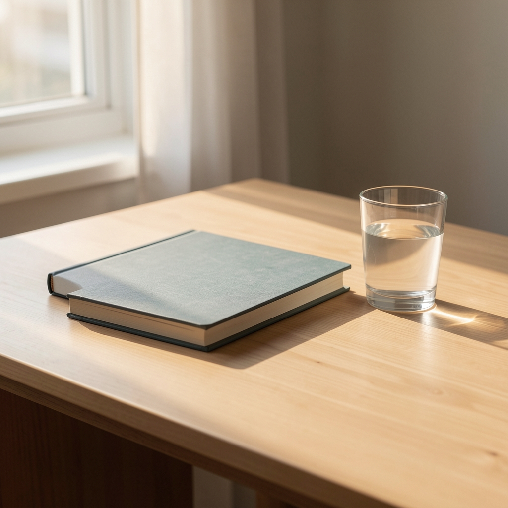 Soft morning light falling across a clean wooden desk with a closed notebook and a glass of water, quiet domestic morning scene